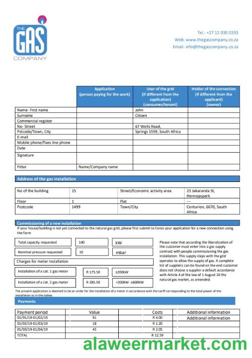 South Africa The GAS Company gas utility bill template in Word and PDF format
